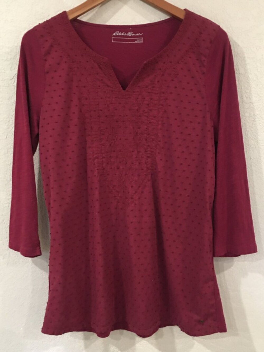 Eddie Bauer Women L Blouse Red Tunic Embroidered Long Sleeve 100% Cotton Hippie